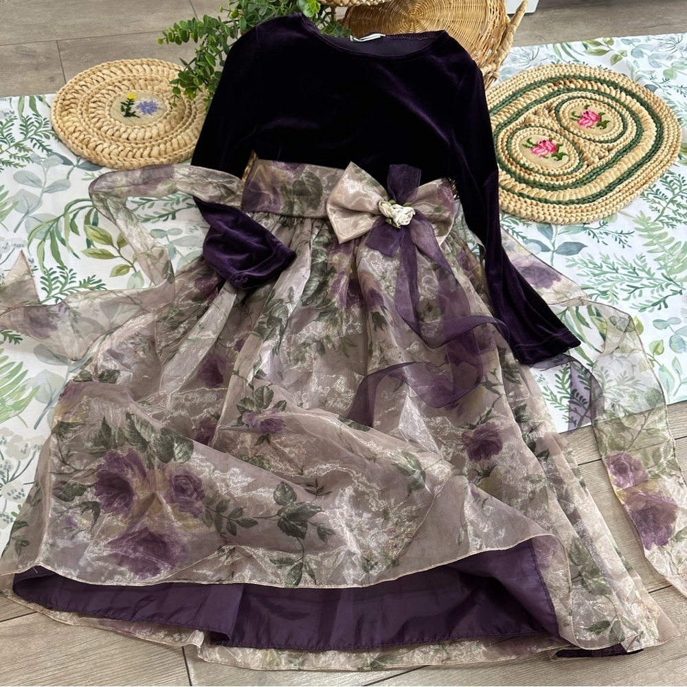 NEW 90s Rare Editions Girls Holiday Dress Purple Velvet Floral Sz 7 Special Occ
